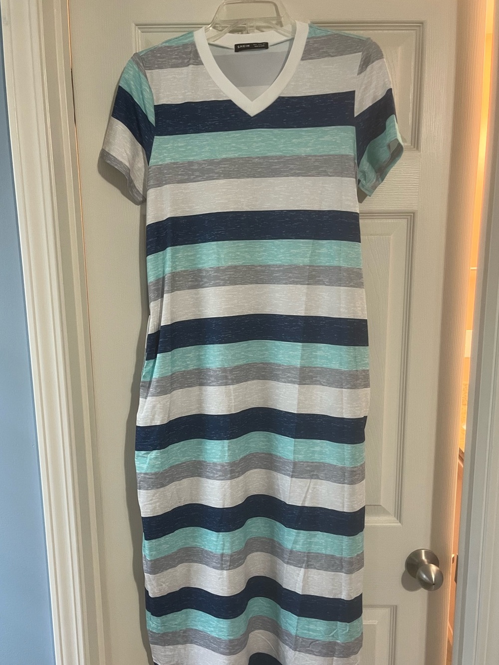 SHEIN Striped V-Neck Maxi Dress in Navy, Aqua & White